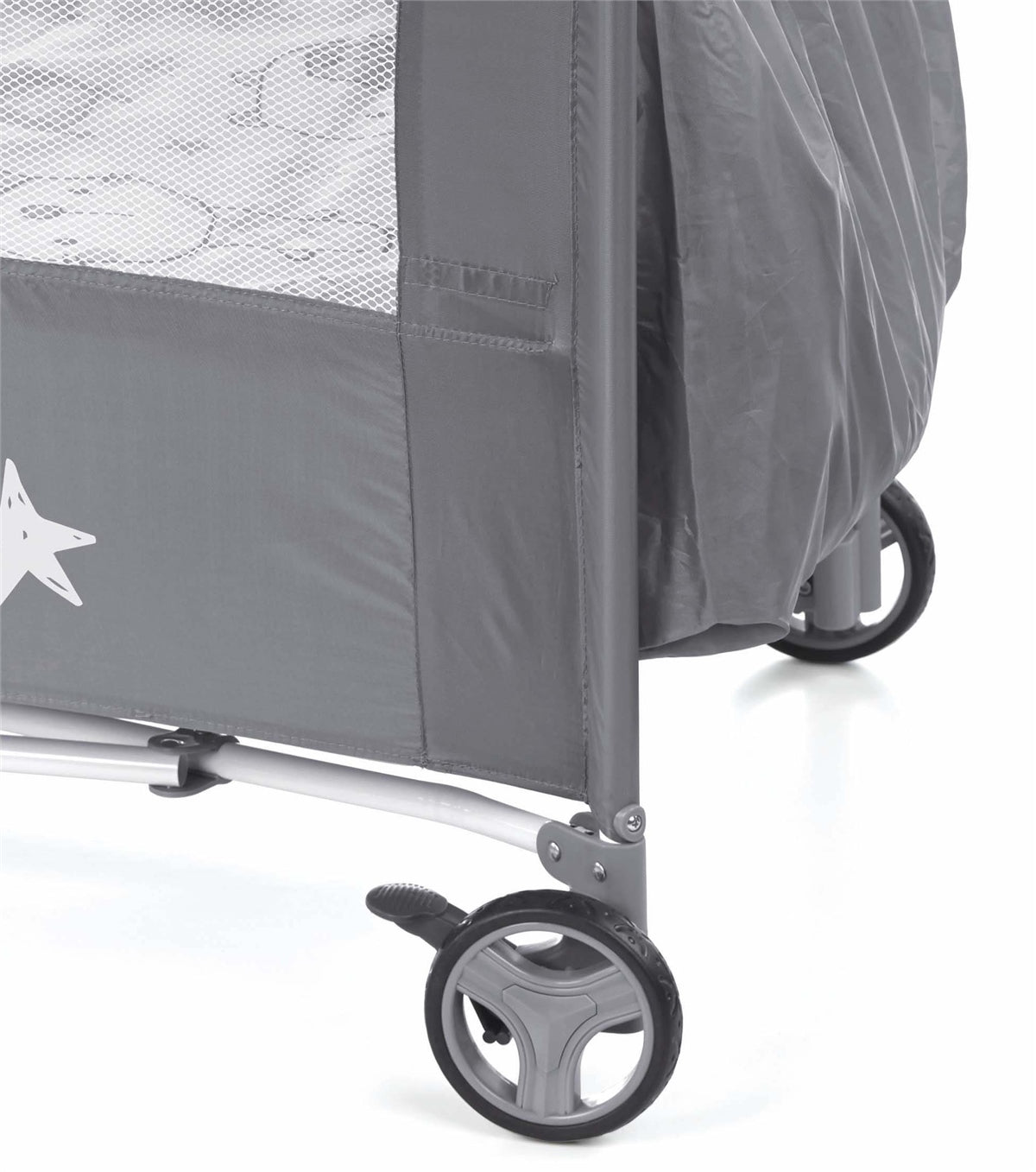 Close-up of a gray baby crib with wheels on a white background