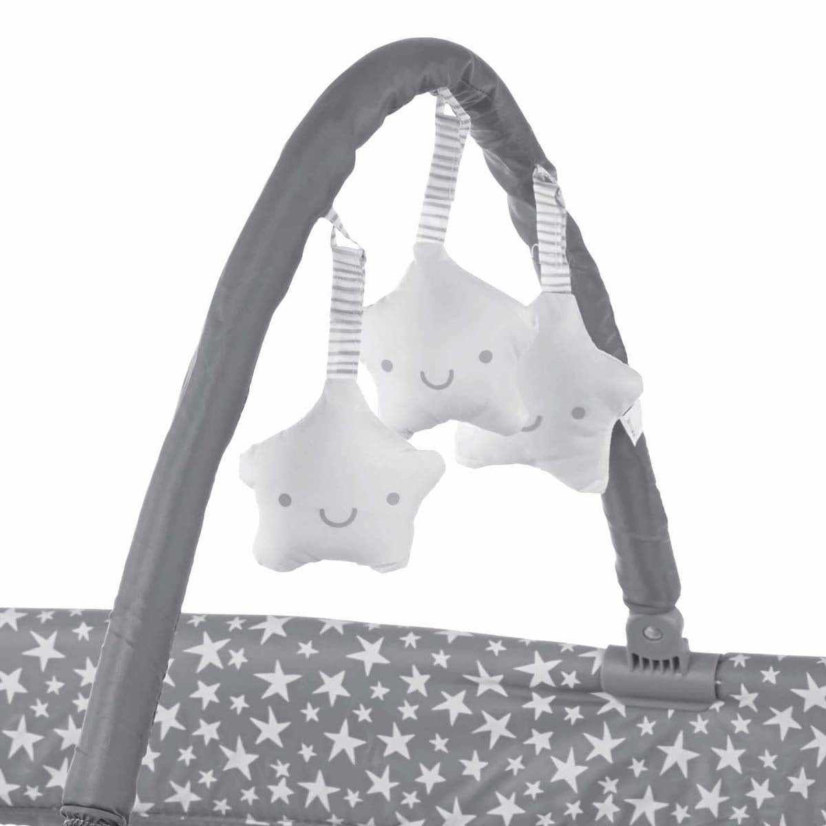 Baby crib mobile with star-shaped toys on a white background