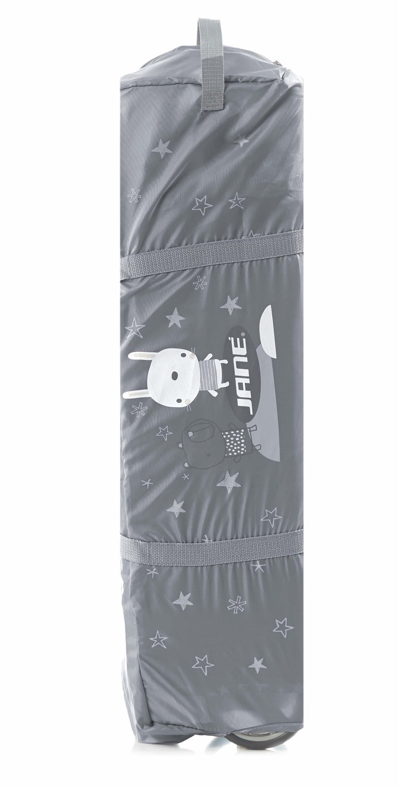 Gray bag with cartoon character and text on a white background