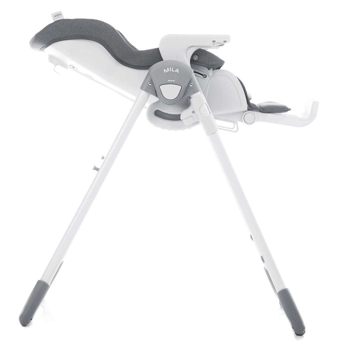 Baby highchair reclined with gray seat and white frame on a white background