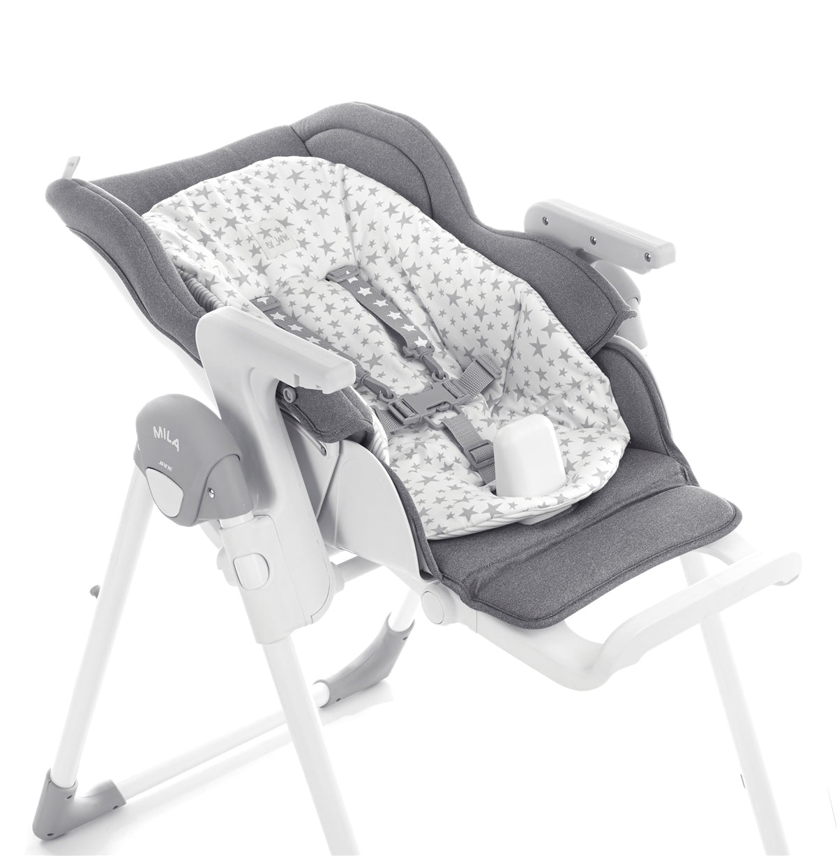 Baby highchair reclined with gray and white patterned cover on a white background