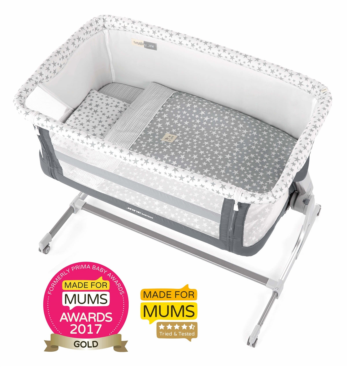 Baby crib with gray and white patterned bedding, featuring 'Made for Mums' awards on a white background.