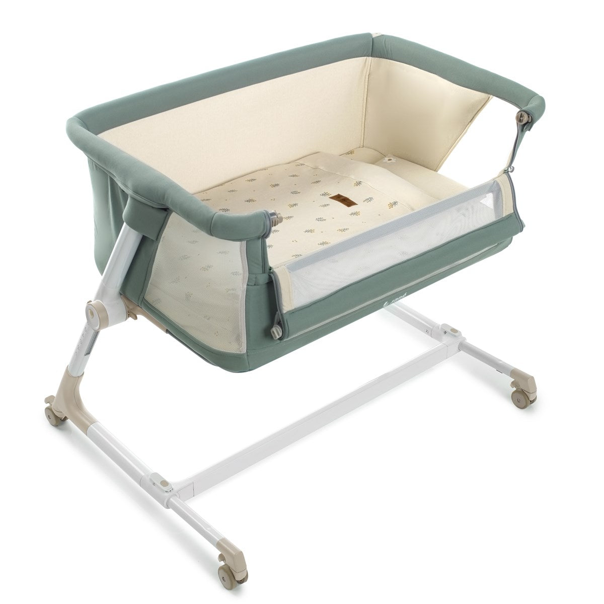 Portable baby crib with green and beige color scheme on a white background