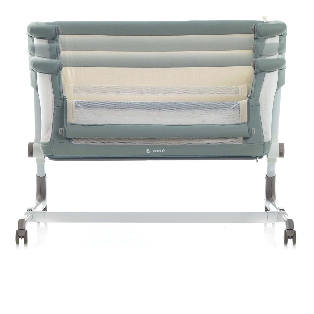 Portable crib with mesh side on a white background