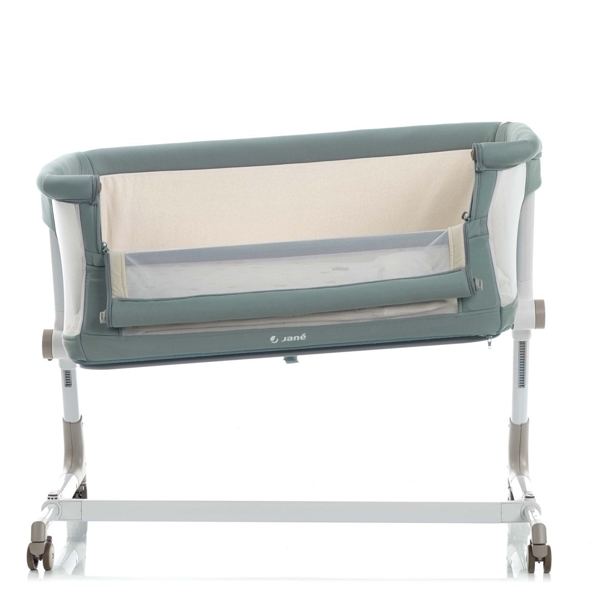 Portable crib with mesh side on a white background