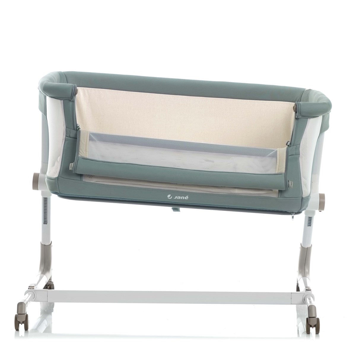 Portable baby crib with wheels on a white background