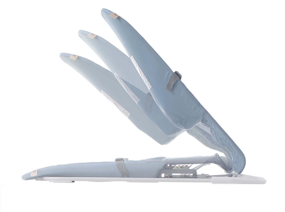 Light blue baby seat with multiple positions on a white background