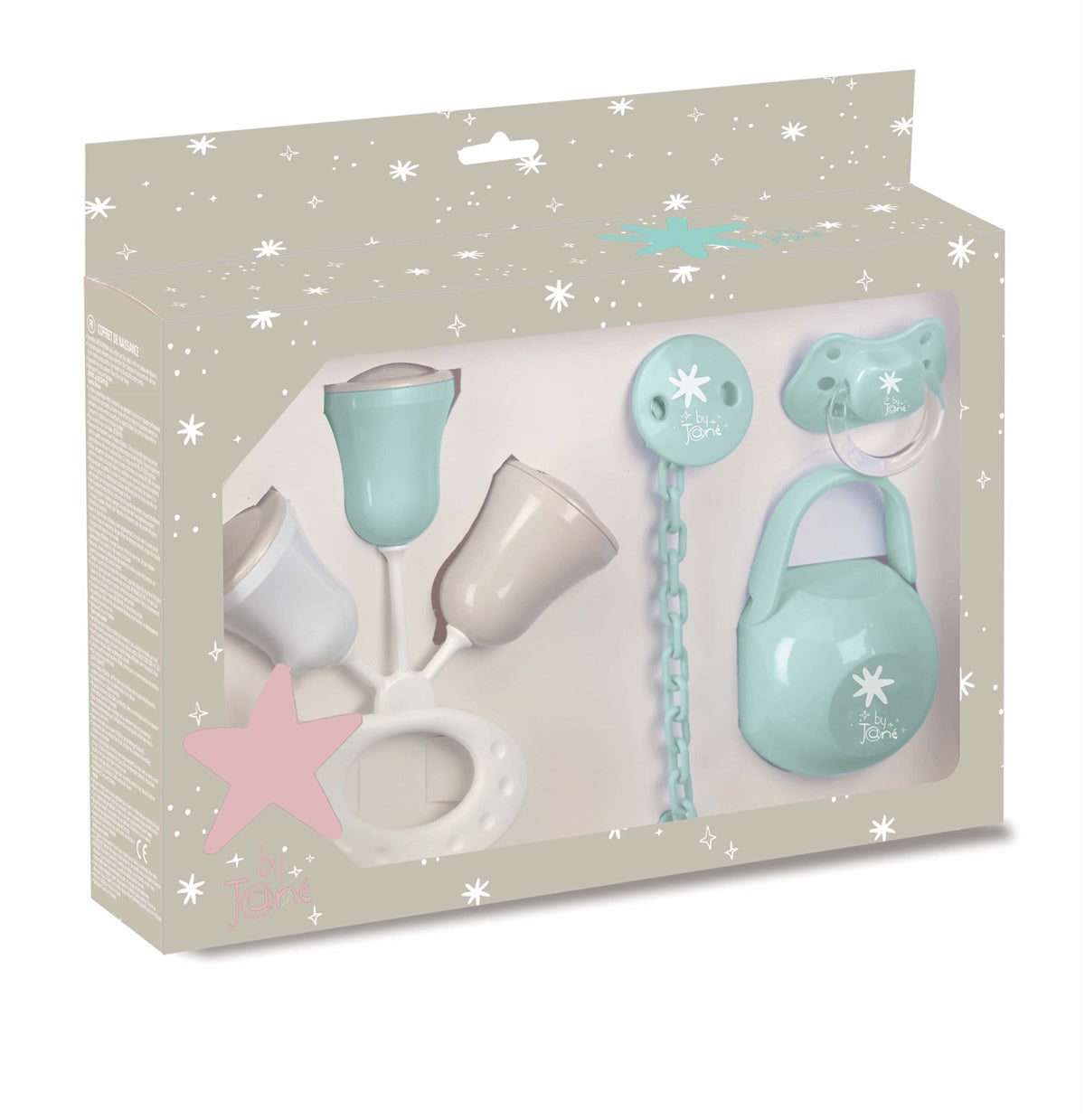 Packaged baby product set with cups, teether, and rattle on a light gray background