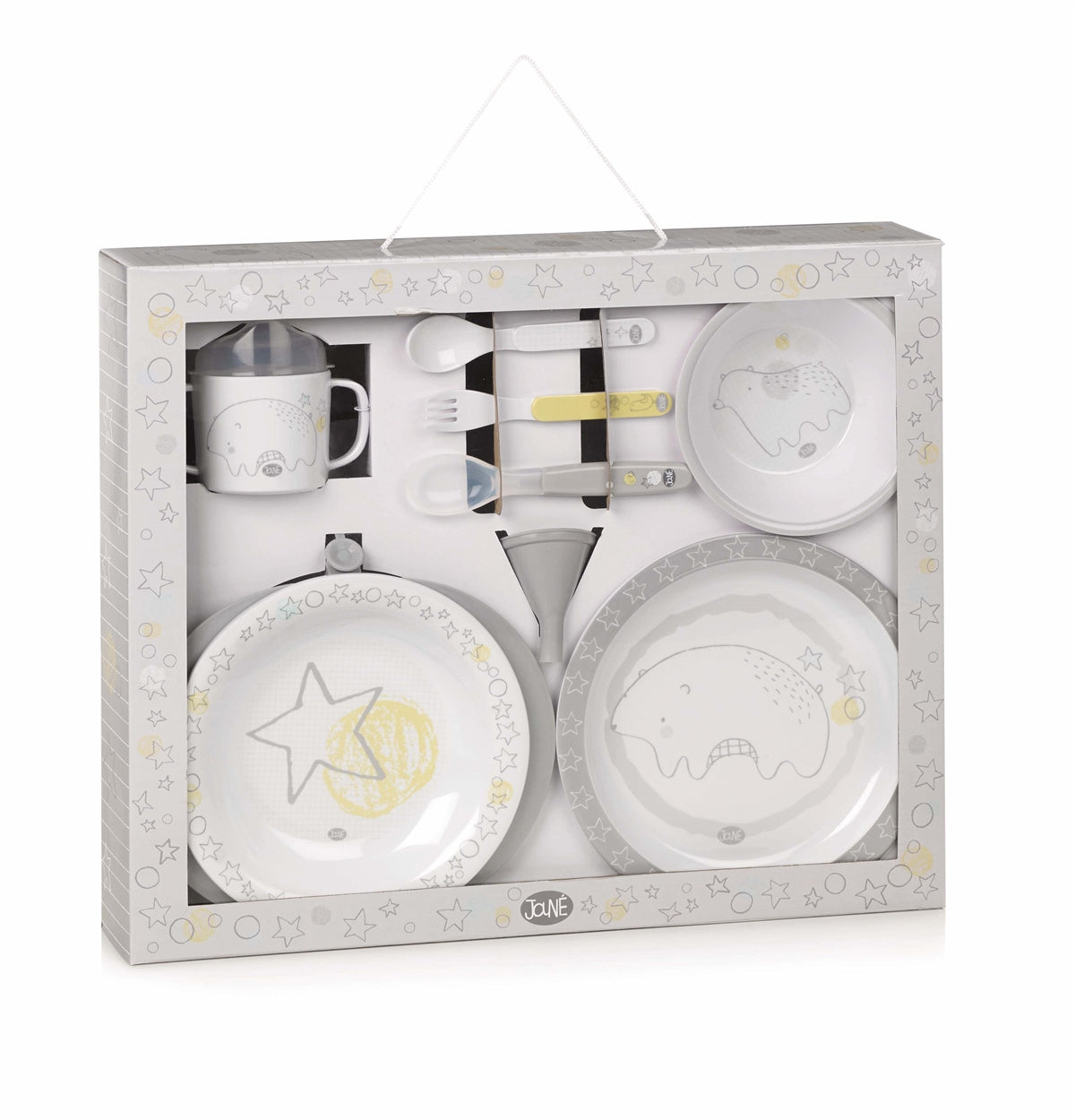Set of children's ceramic tableware with star and moon designs in a decorative box.