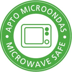 Green label indicating 'Apto Microondas' or 'Microwave Safe' with a microwave icon.