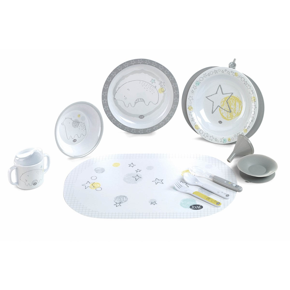 Collection of children's dinnerware set with plates, bowls, and cups on a white background