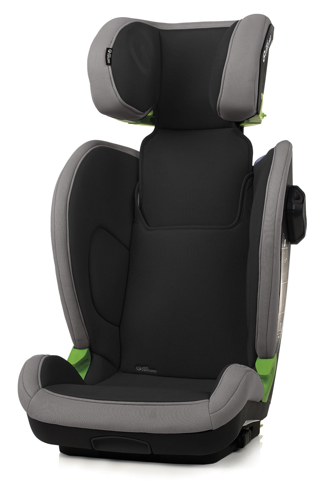 Child safety seat with gray and black design on a white background