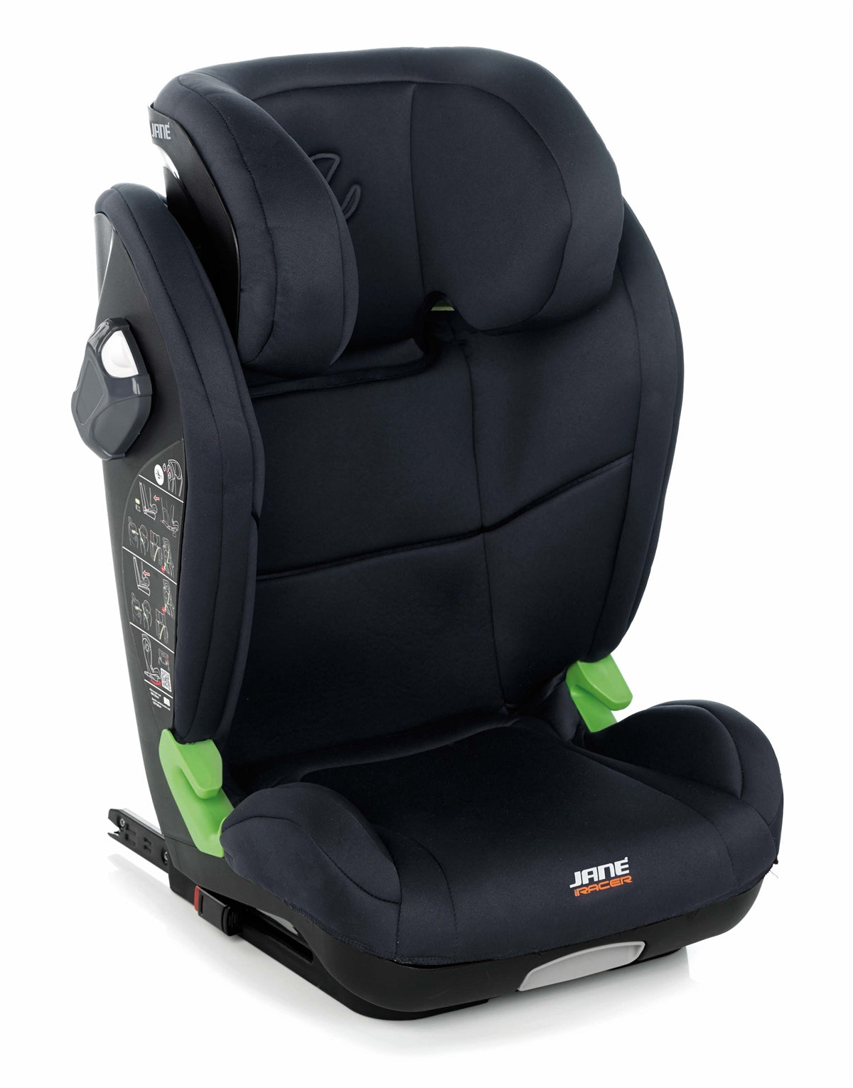 Black and green car seat with visible branding on a white background