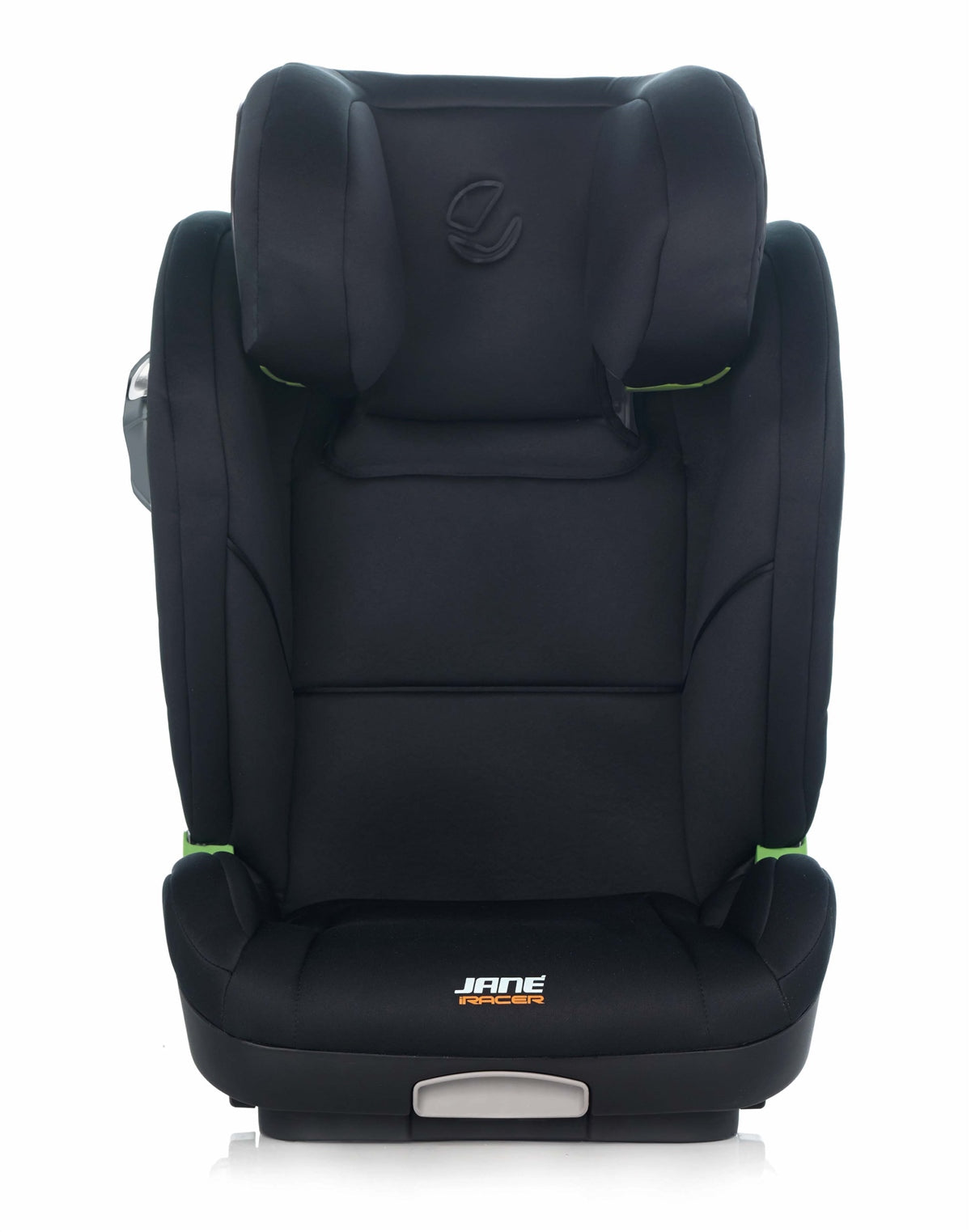 Black car seat with green accents on a white background