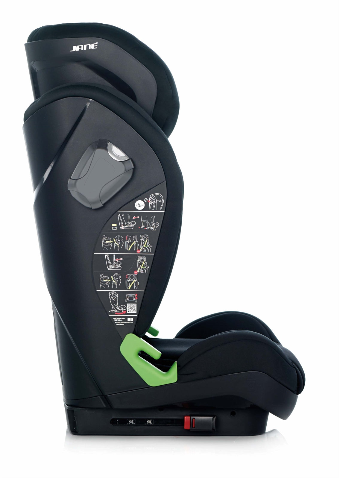 Black and green car seat with 'JANE' branding on a white background