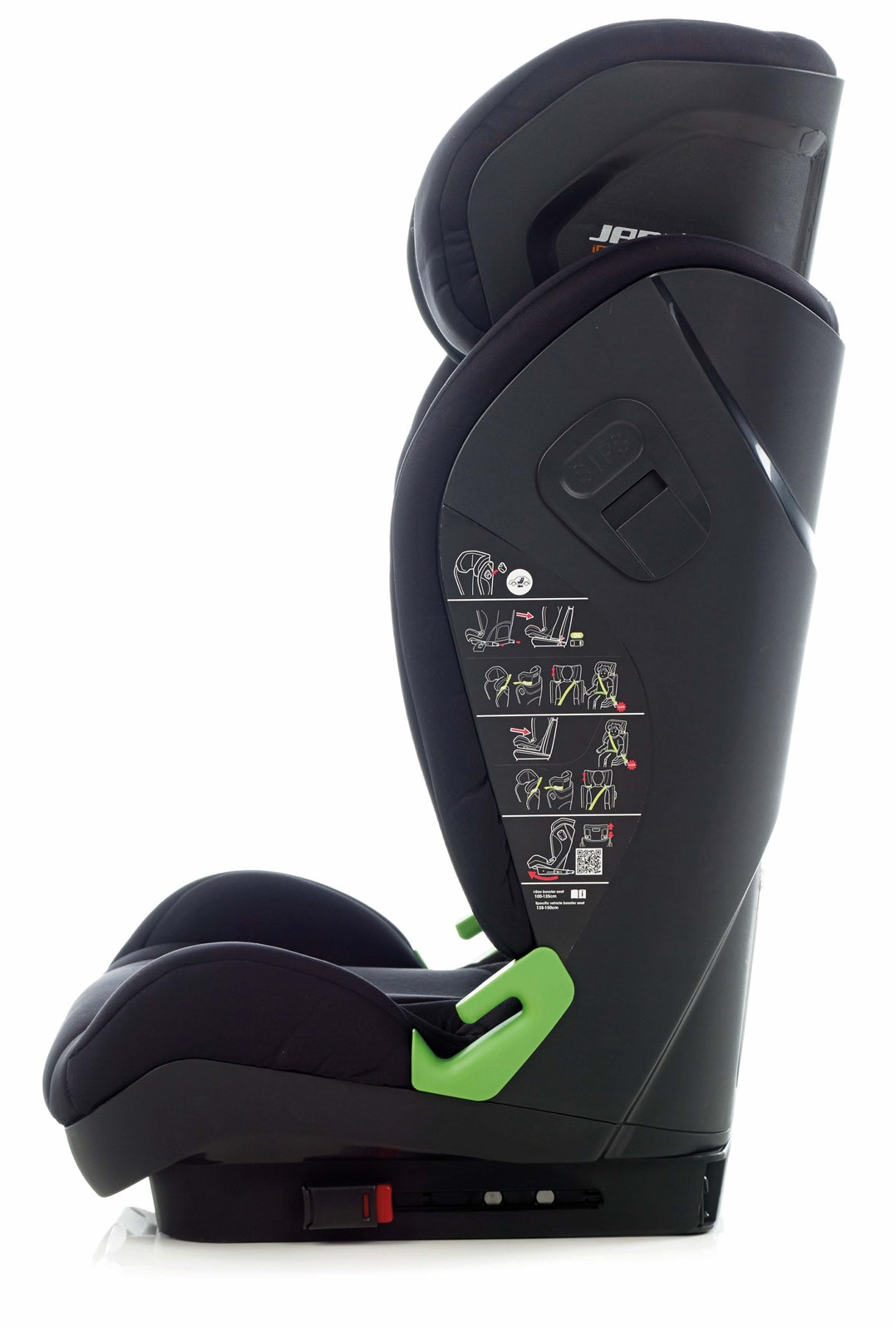 Black car seat with green accents on a white background