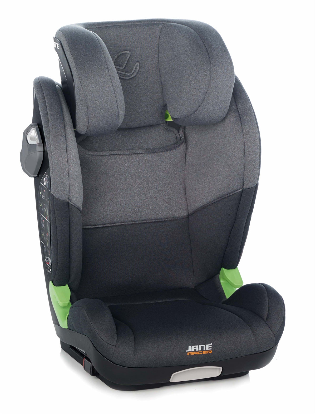 Gray and black car seat with green accents on a white background