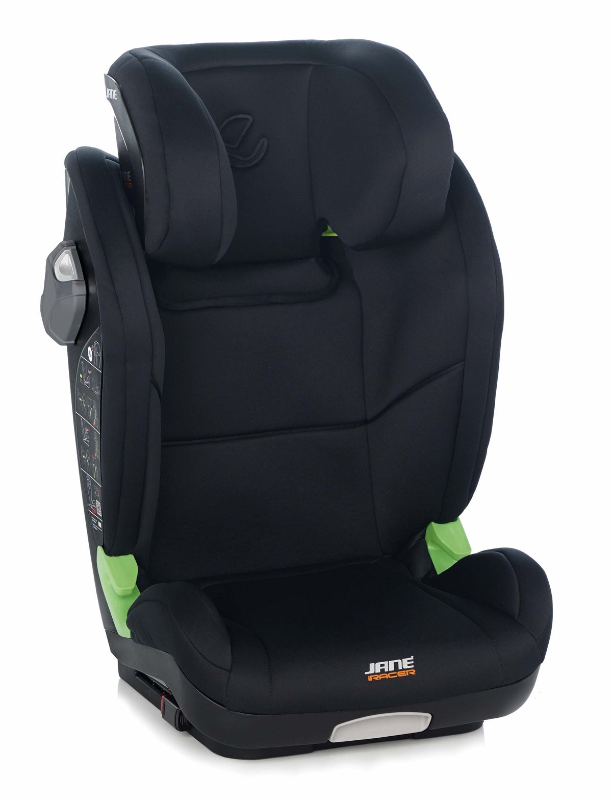Black and green car seat with visible brand name on a white background