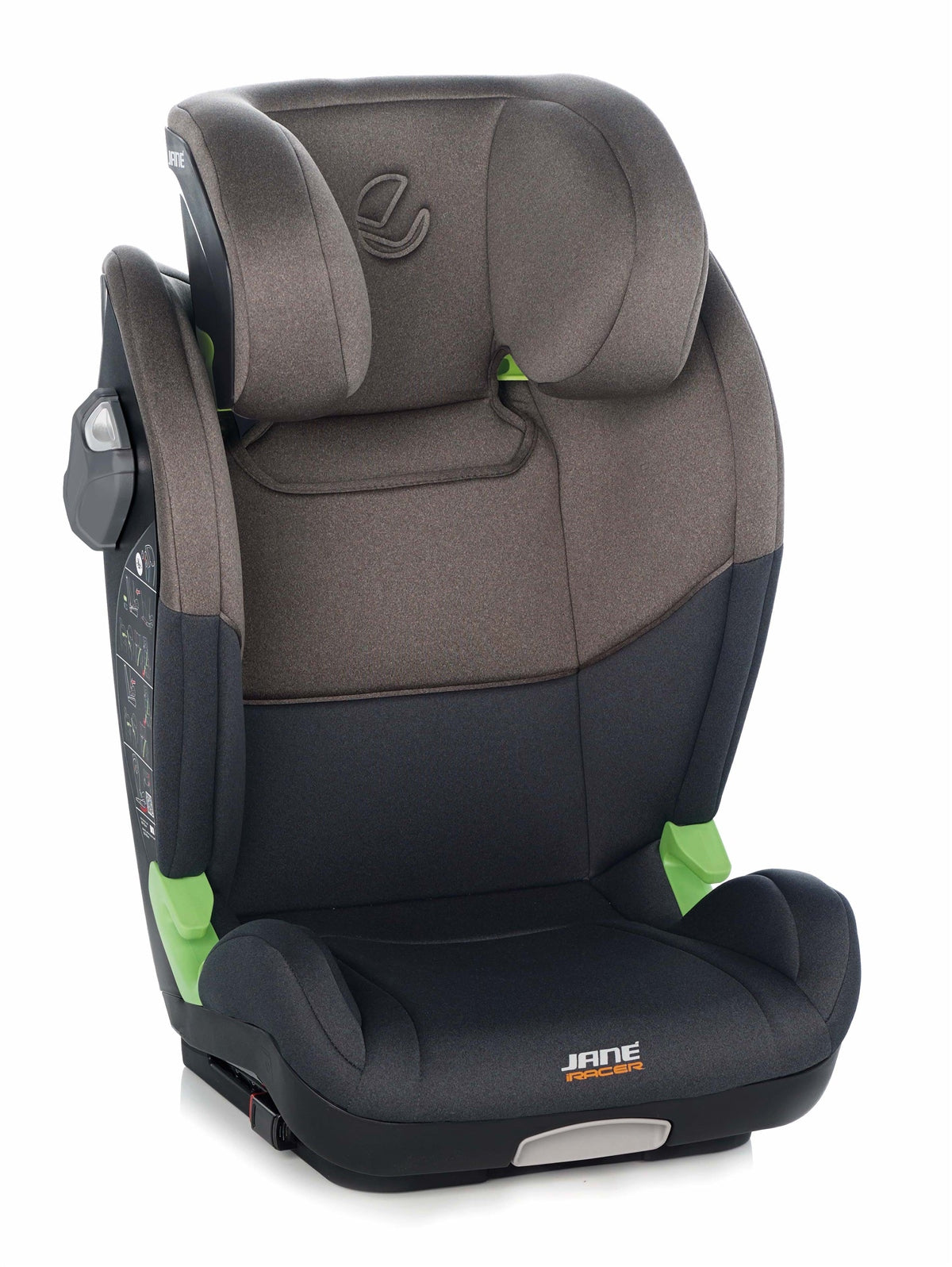 Children's car seat with gray and black design on a white background
