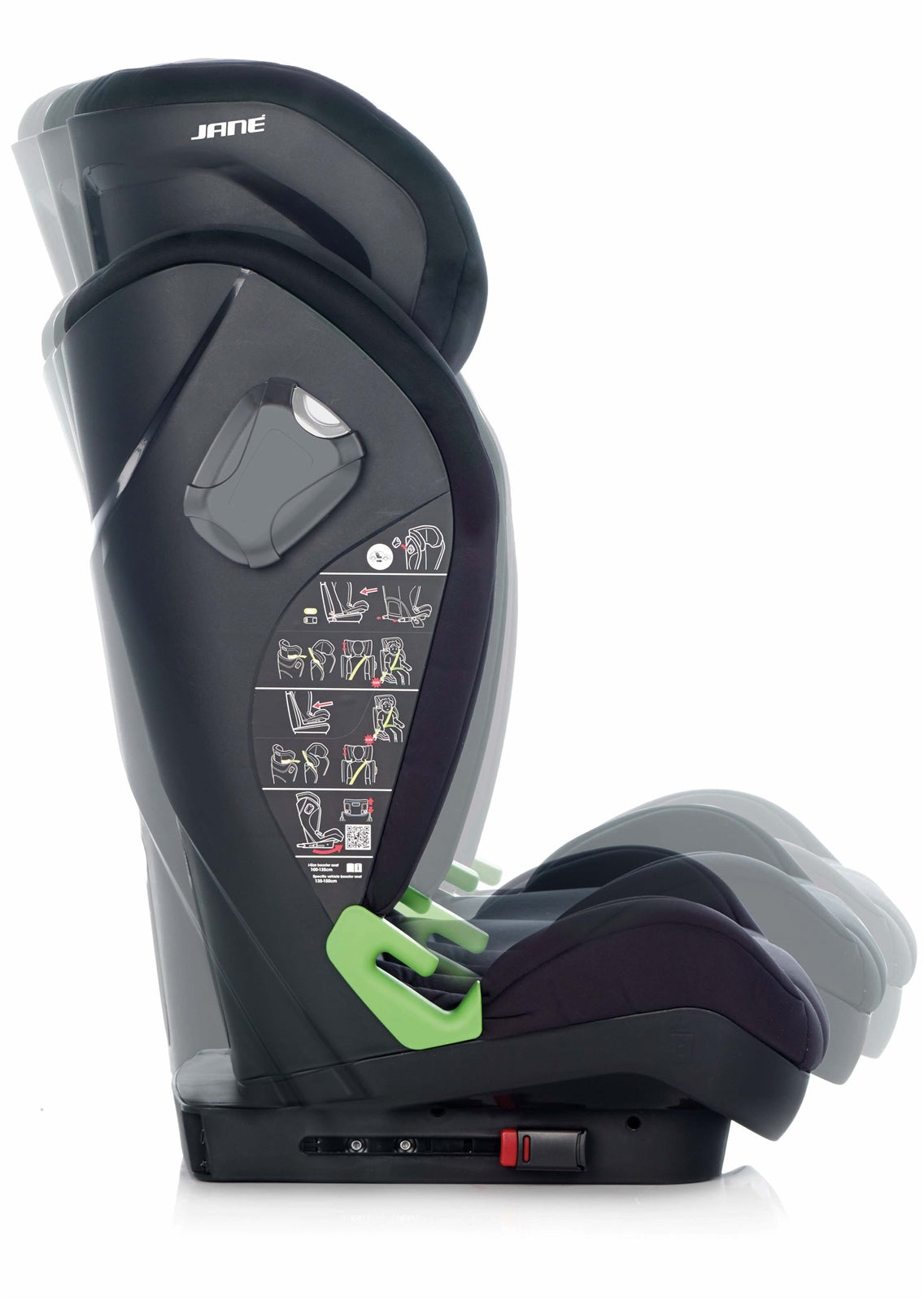 Black and gray car seat with green accents on a white background