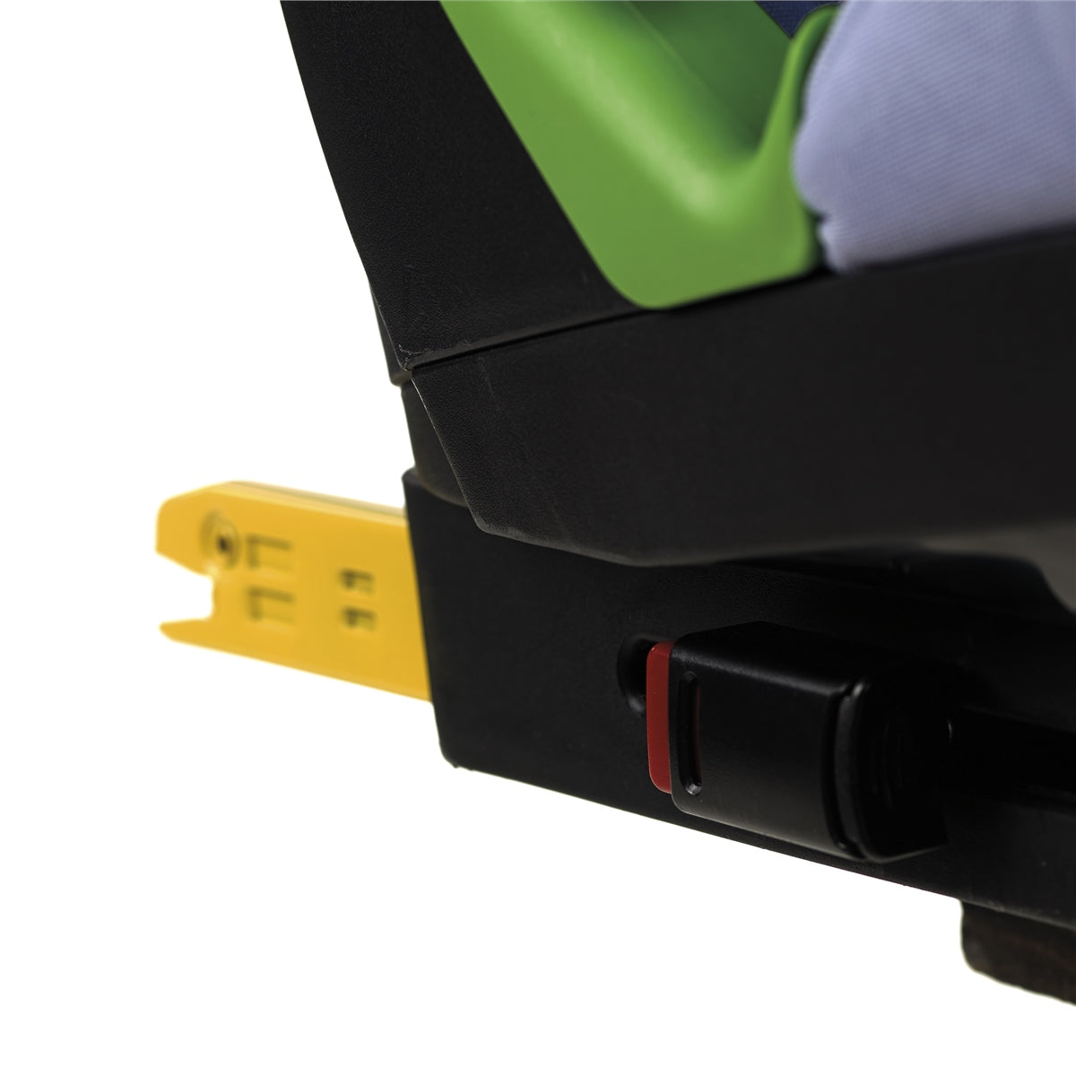 Close-up of a child safety seat with a yellow strap and black buckle on a white background