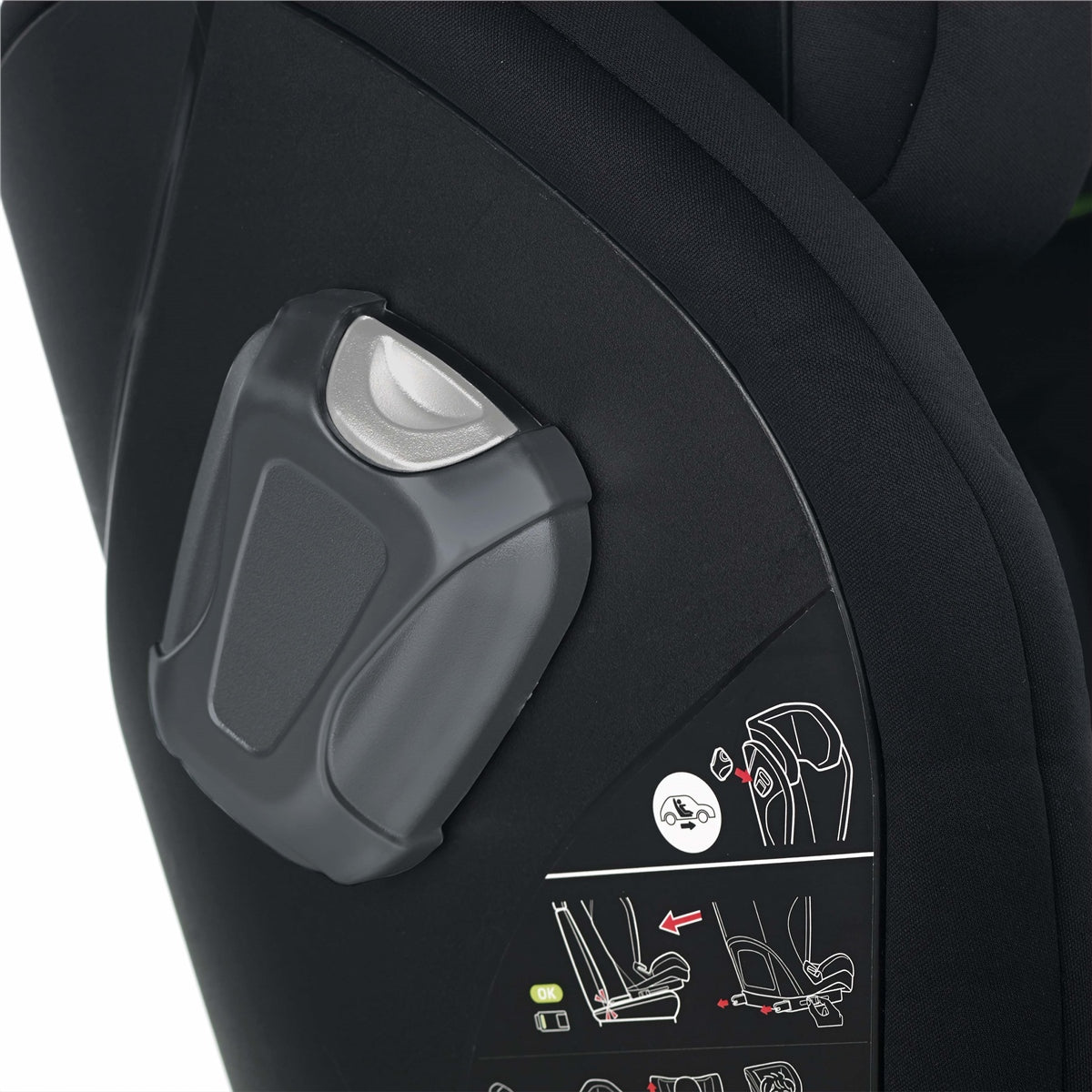 Close-up of a black car seat with a gray adjustment knob on a white background