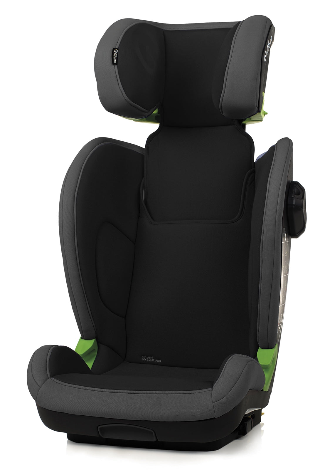Black and green child car seat on a white background