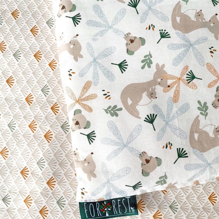 Fabric with bear and leaf pattern and 'Forest' label