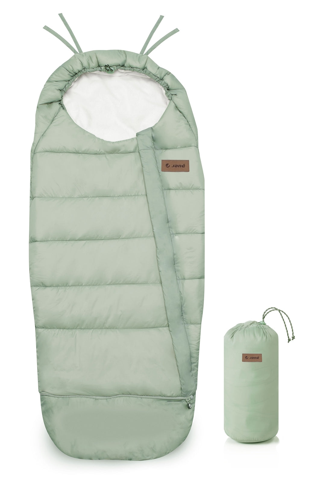 Green baby footmuff with a smaller version on a white background