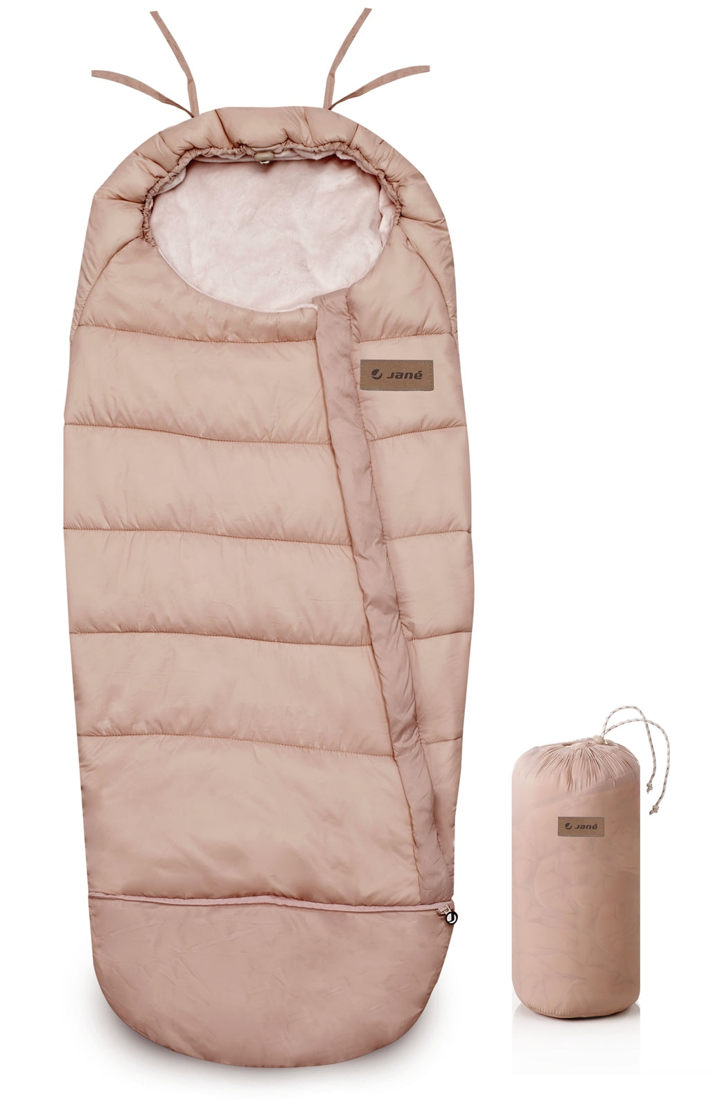 Pink baby footmuff and matching carrying bag on a white background