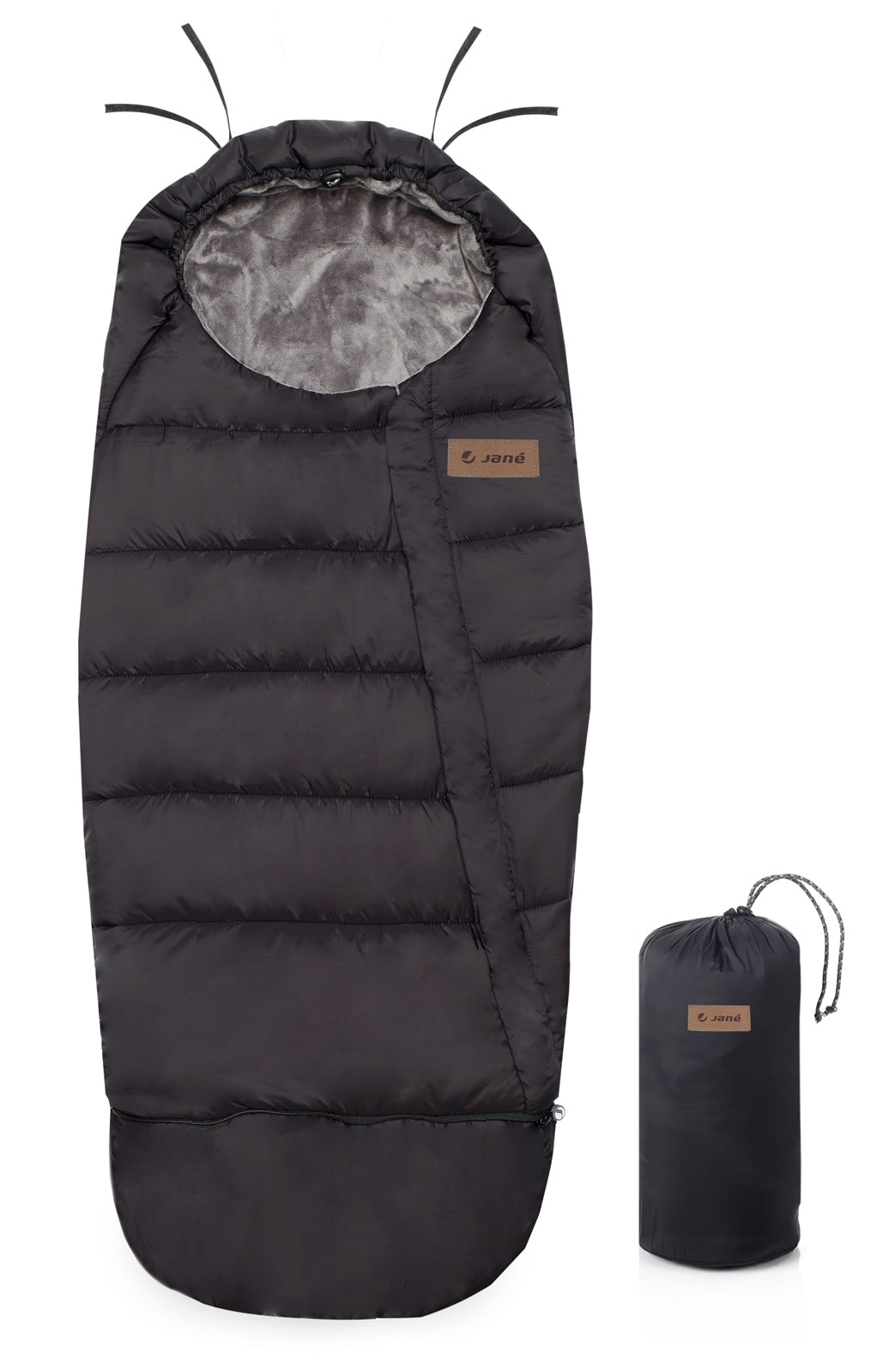 Black puffer sleeping bag with a drawstring storage bag on a white background