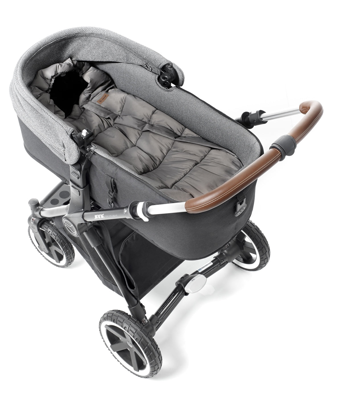 Gray baby stroller with a brown handle on a white background
