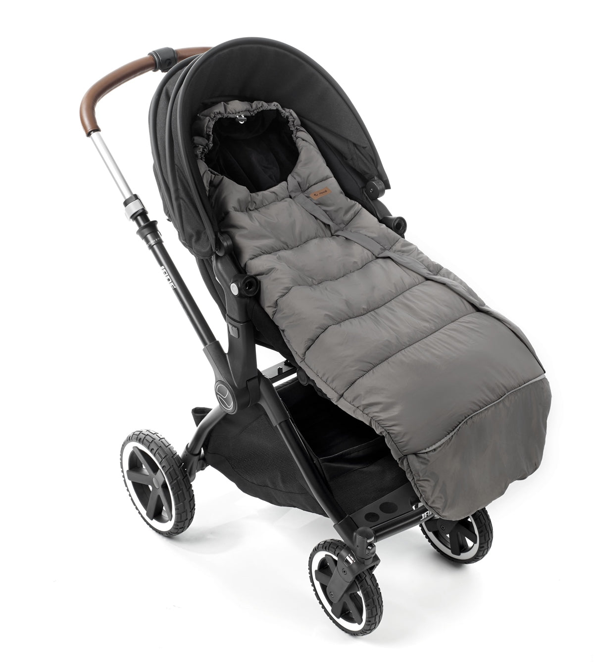 Gray stroller footmuff attached to a black stroller on a white background