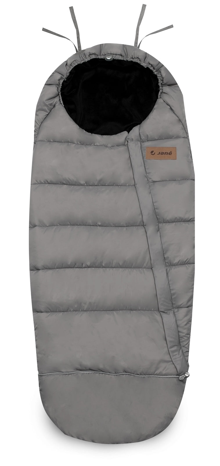 Gray puffer sleeping bag with black interior on a white background
