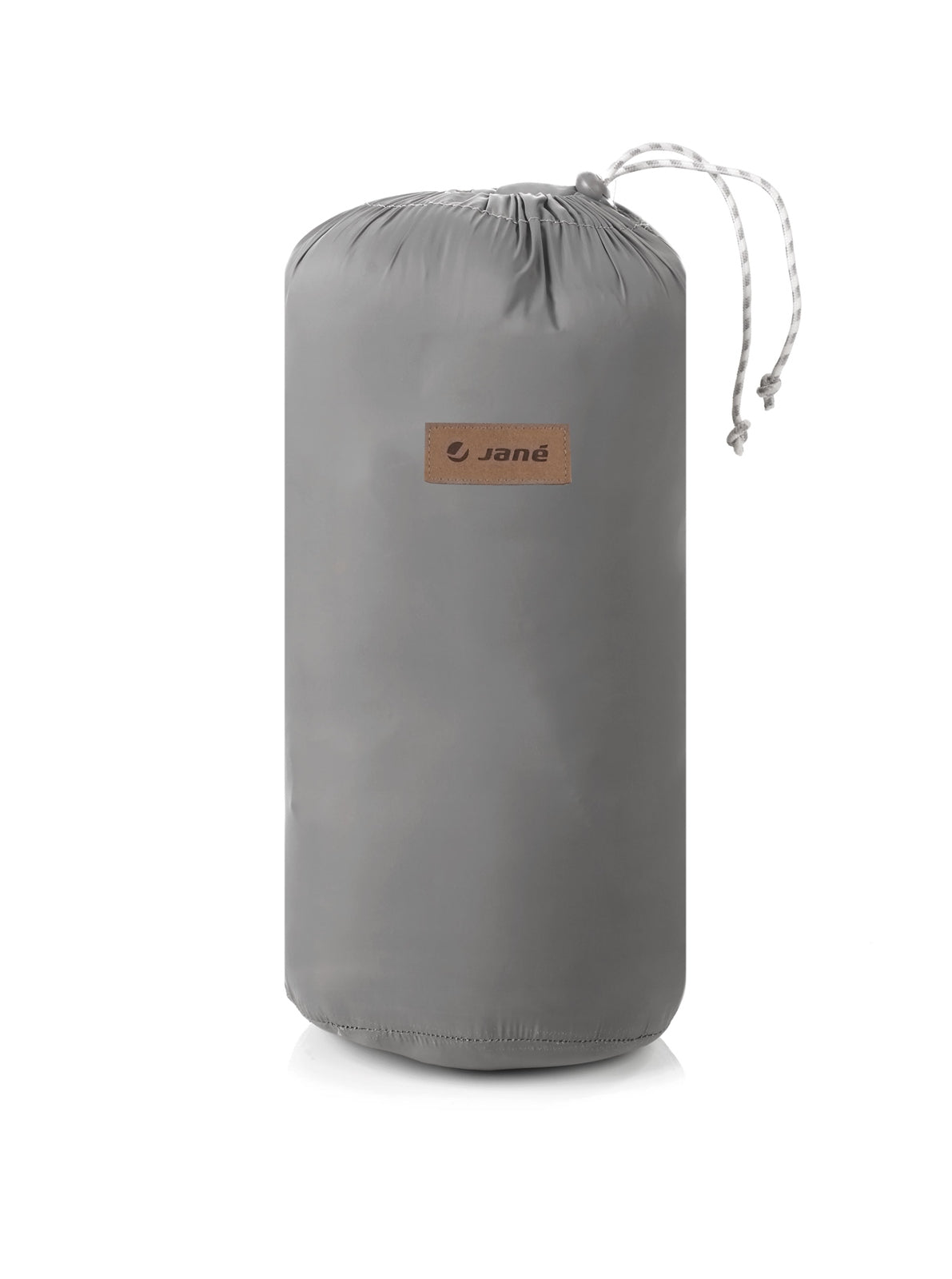 Gray drawstring bag with a brand logo on a white background