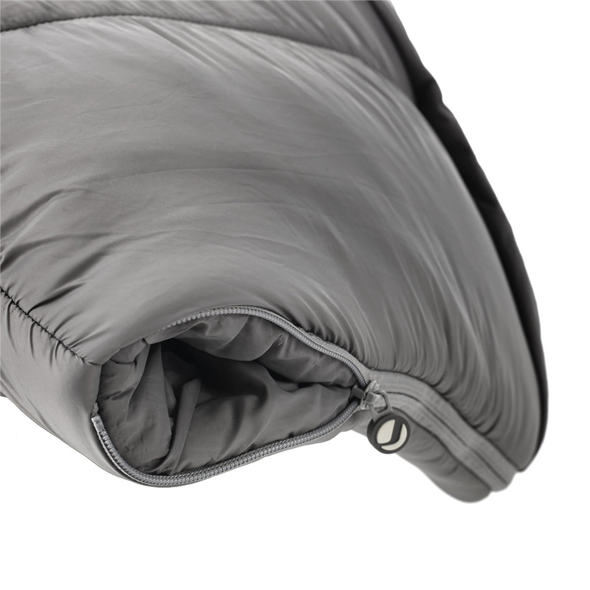 Close-up of a gray sleeping bag with a zipper on a white background