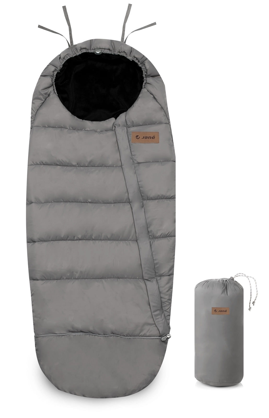 Gray sleeping bag with a black interior and carrying strap on a white background