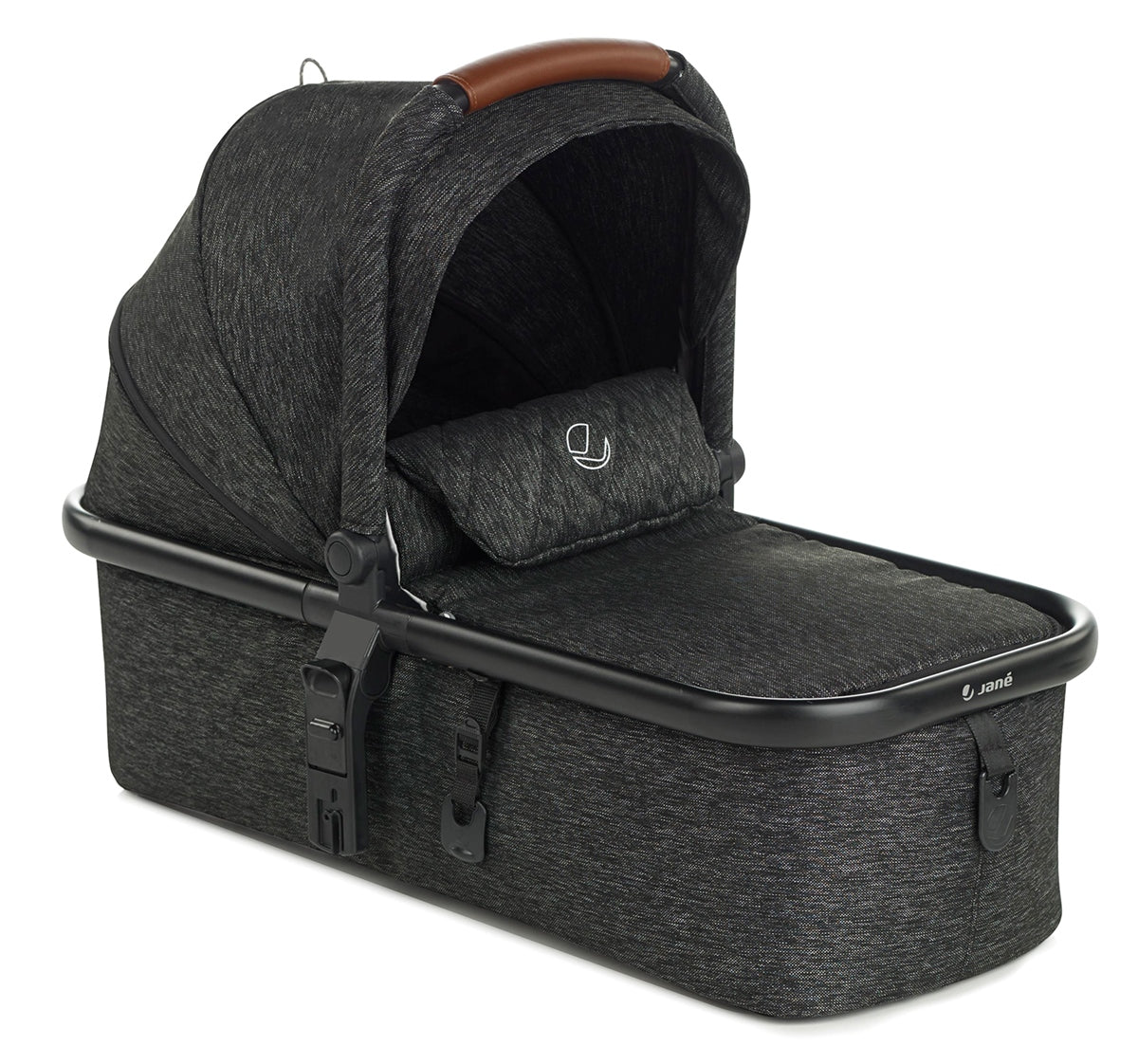 Dark gray baby bassinet with brown accents on a white background