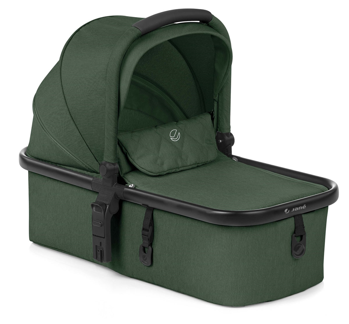 Green baby carrycot with black straps on a white background