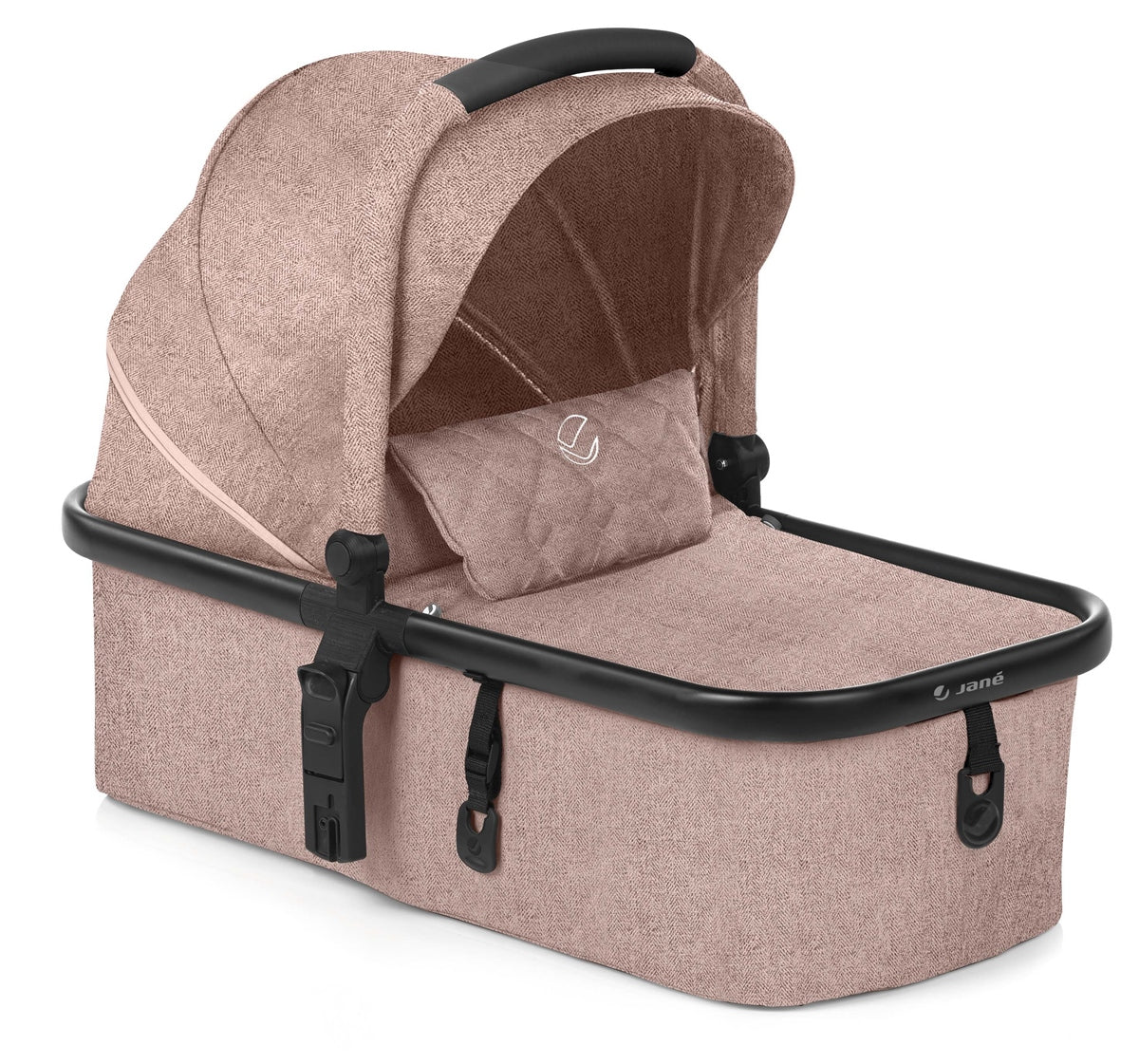 Baby carrycot with a brown and beige pattern on a white background