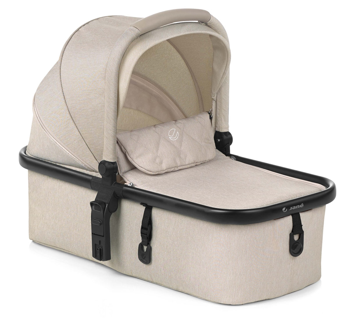 Beige baby bassinet with black trim on a white background