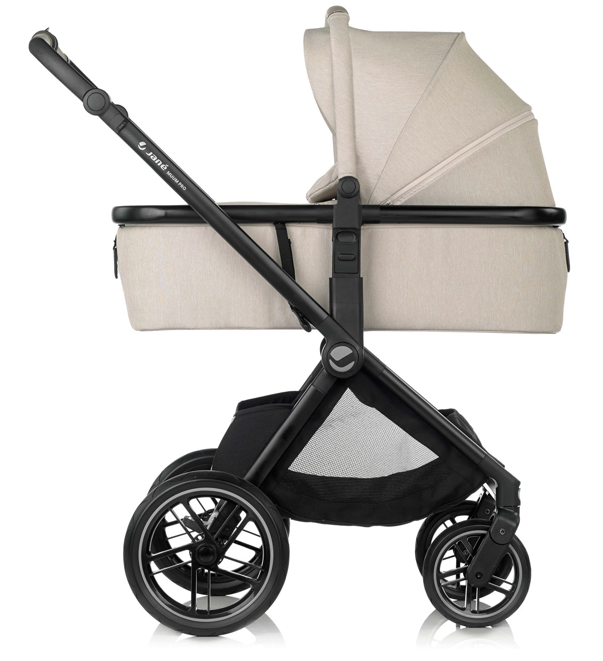 Beige baby stroller with black frame on a white background