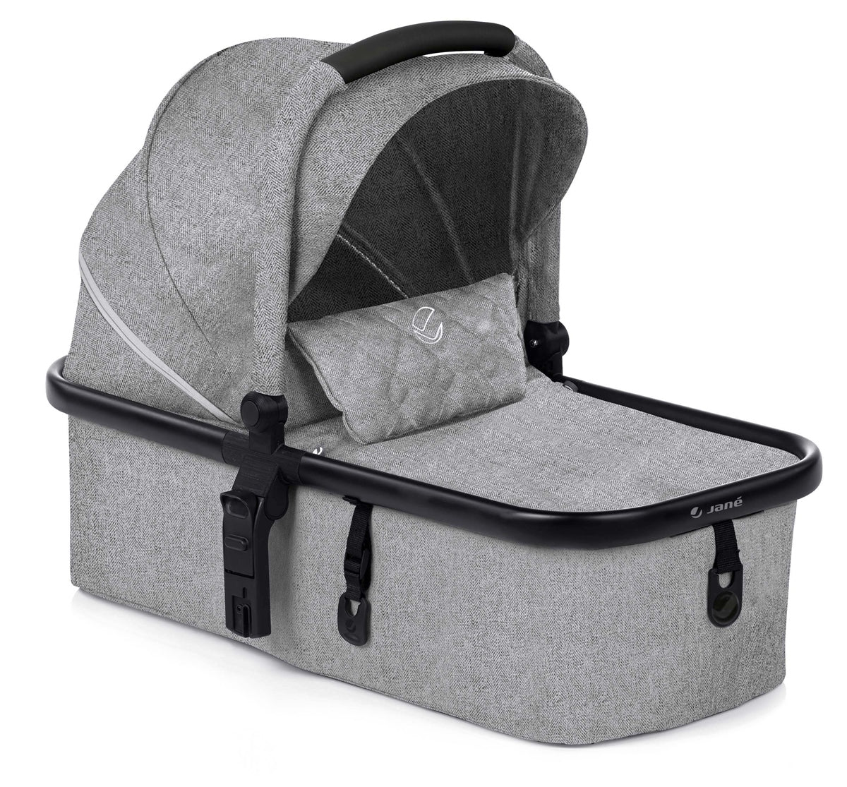 Gray baby carrycot with black accents on a white background