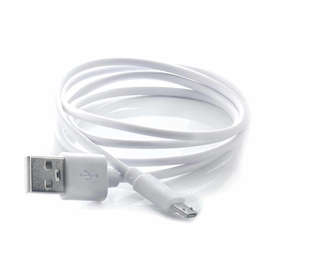White USB cable with connectors on a white background
