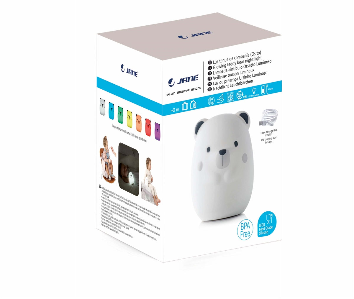 White bear-shaped device with packaging featuring the brand 'JANE' on a white background