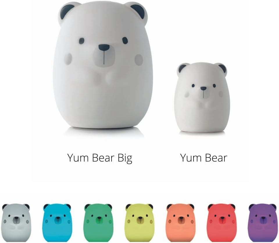 Two white bear-shaped containers labeled 'Yum Bear Big' and 'Yum Bear' with six colorful bear-shaped containers below on a white background.
