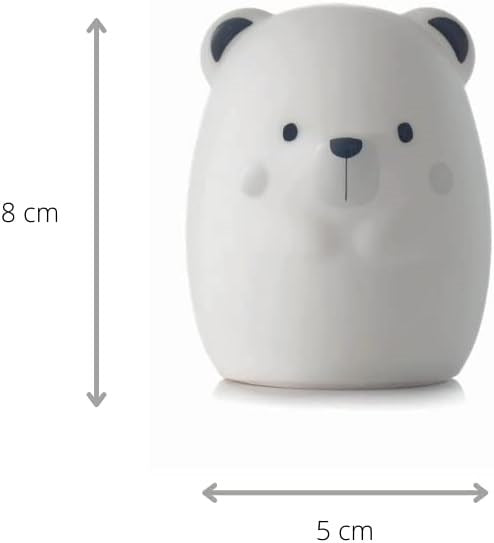 White bear-shaped container with dimensions indicated on a white background