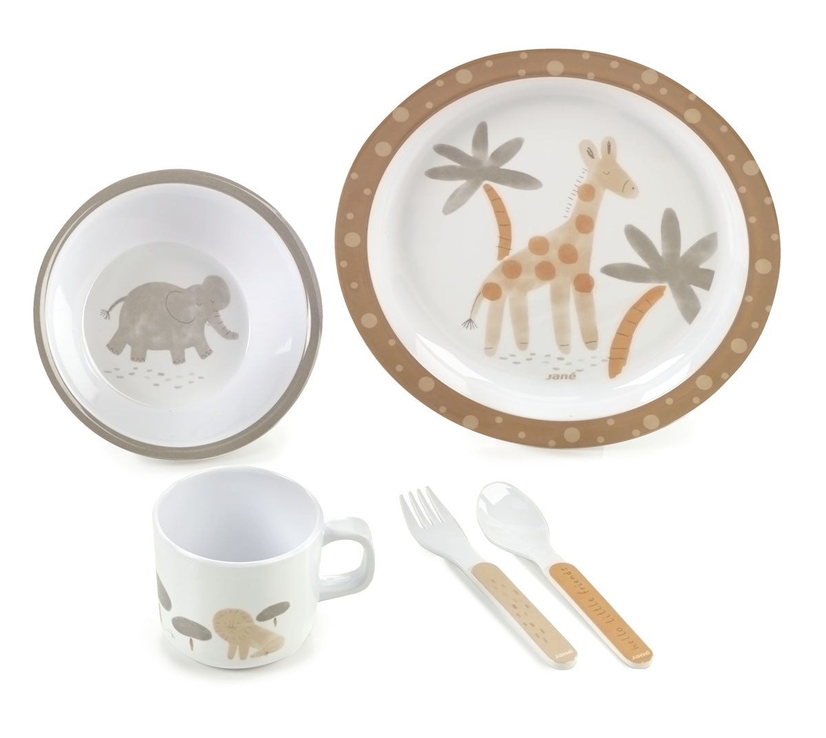 Children's dinnerware set with animal-themed plates, cup, fork, and spoon on a white background