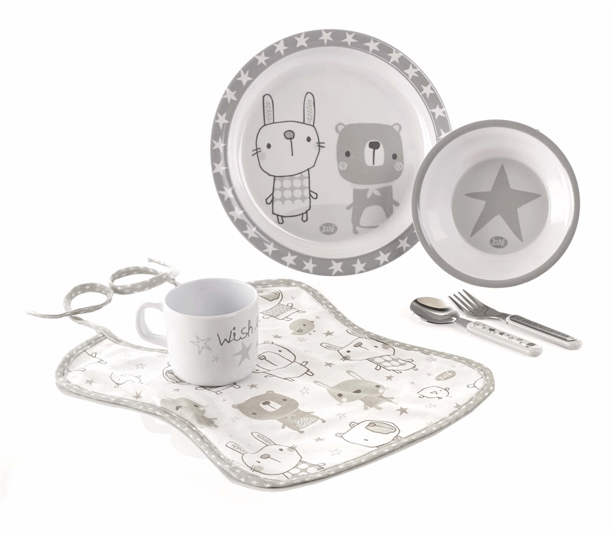 Children's tableware set with plates, mug, and placemat featuring cartoon characters on a white background.