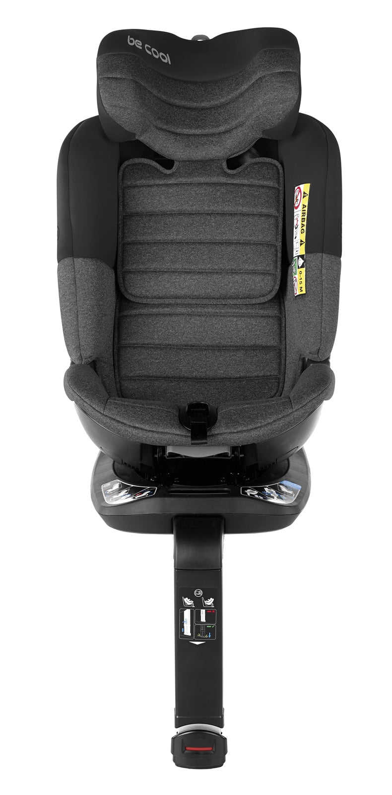 Black and gray car seat with visible branding on a white background